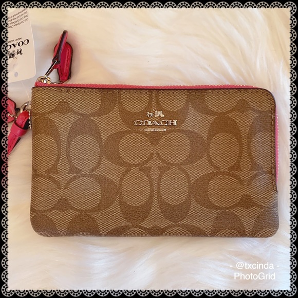 Coach Handbags - COACH Khaki Signature Double Zip Wristlet